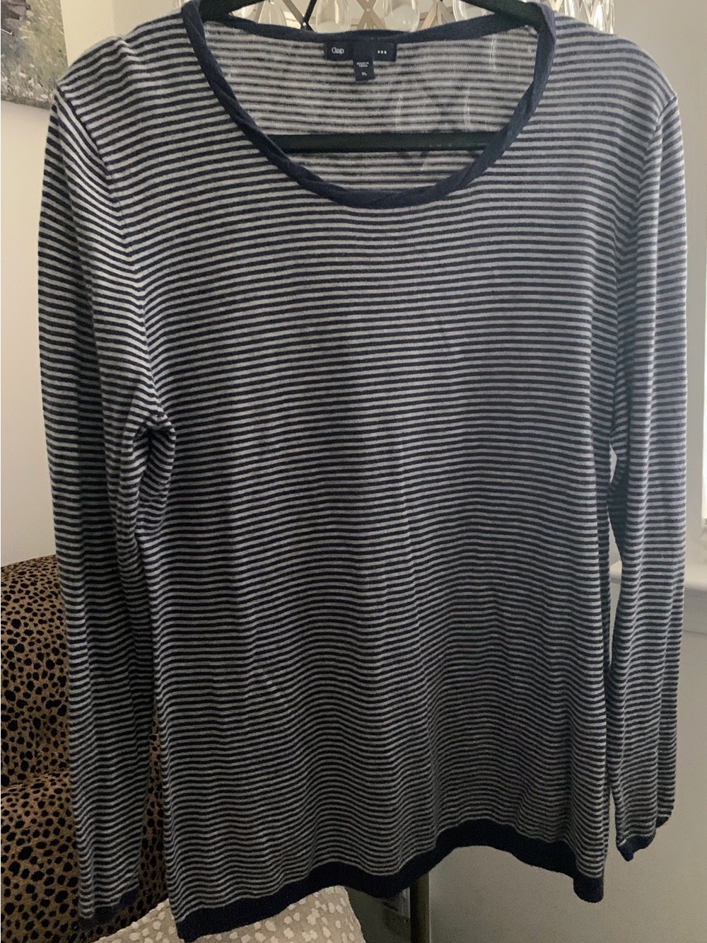 GAP Navy and Gray Thin-Striped Crewneck Sweater